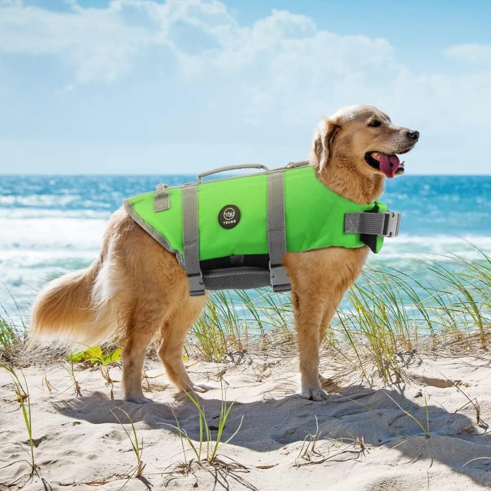 EMUST Life Jackets for Dogs, Adjustable Small/Medium/Large Dog Swim Vest for Water Safety Pet Life Vest with Rescue Handle Safety Vest for Swimming Pool Beach Boating, XL, NewGreen