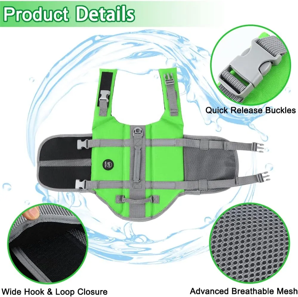 EMUST Life Jackets for Dogs, Adjustable Small/Medium/Large Dog Swim Vest for Water Safety Pet Life Vest with Rescue Handle Safety Vest for Swimming Pool Beach Boating, XL, NewGreen