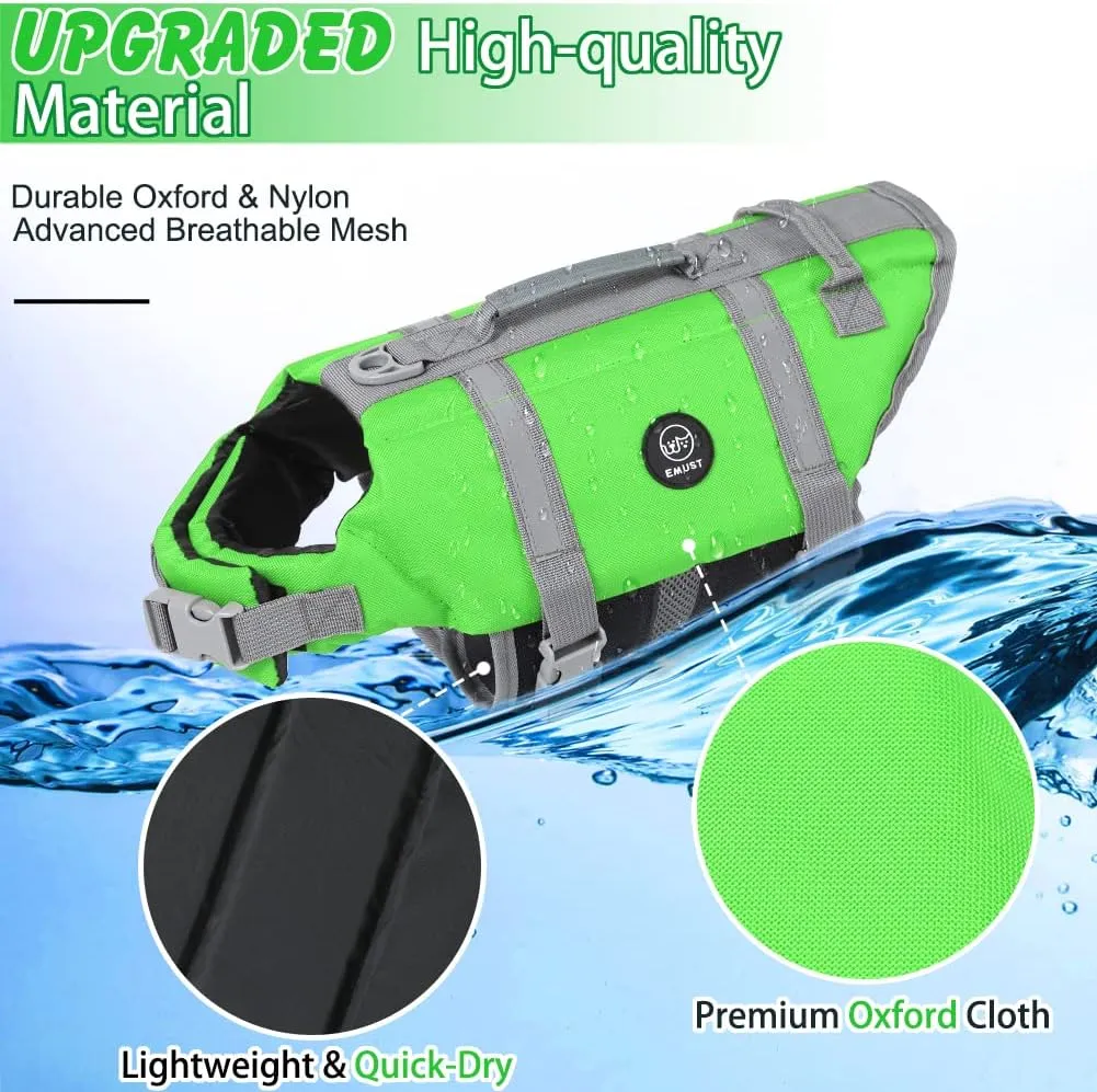 EMUST Life Jackets for Dogs, Adjustable Small/Medium/Large Dog Swim Vest for Water Safety Pet Life Vest with Rescue Handle Safety Vest for Swimming Pool Beach Boating, XL, NewGreen