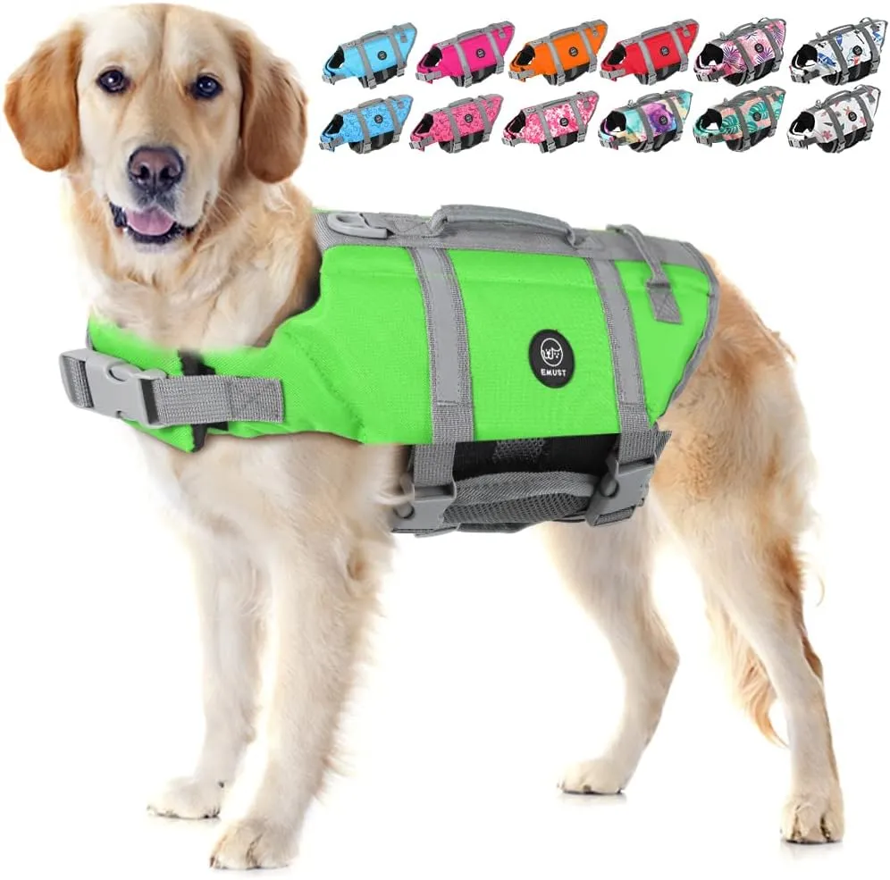 EMUST Life Jackets for Dogs, Adjustable Small/Medium/Large Dog Swim Vest for Water Safety Pet Life Vest with Rescue Handle Safety Vest for Swimming Pool Beach Boating, XL, NewGreen
