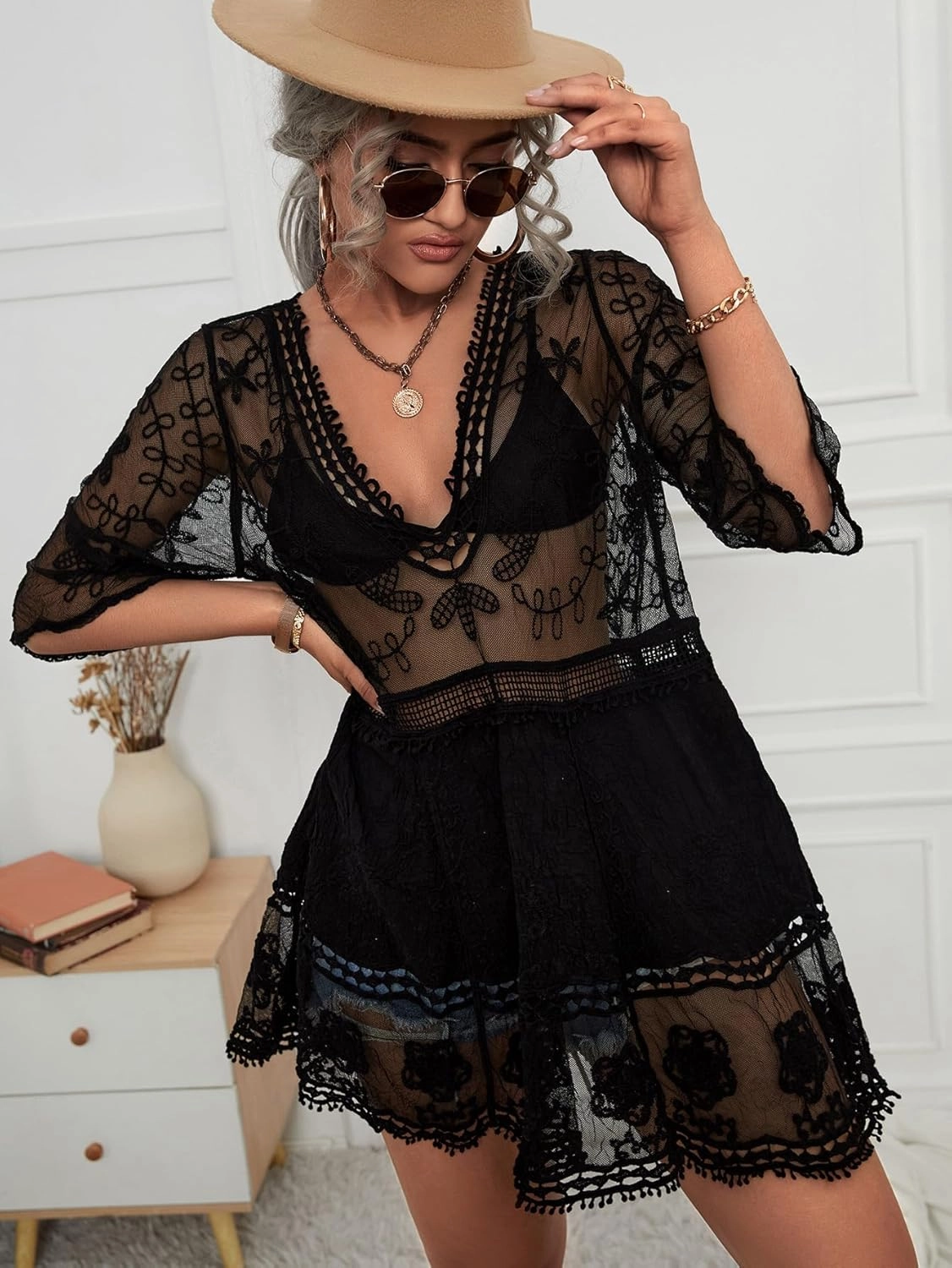 Eomenie Women's Contrast Lace Bathing Suit Cover Up V-Neck Swimsuit Coverups Loose Swimwear Beach Dress Beachwear