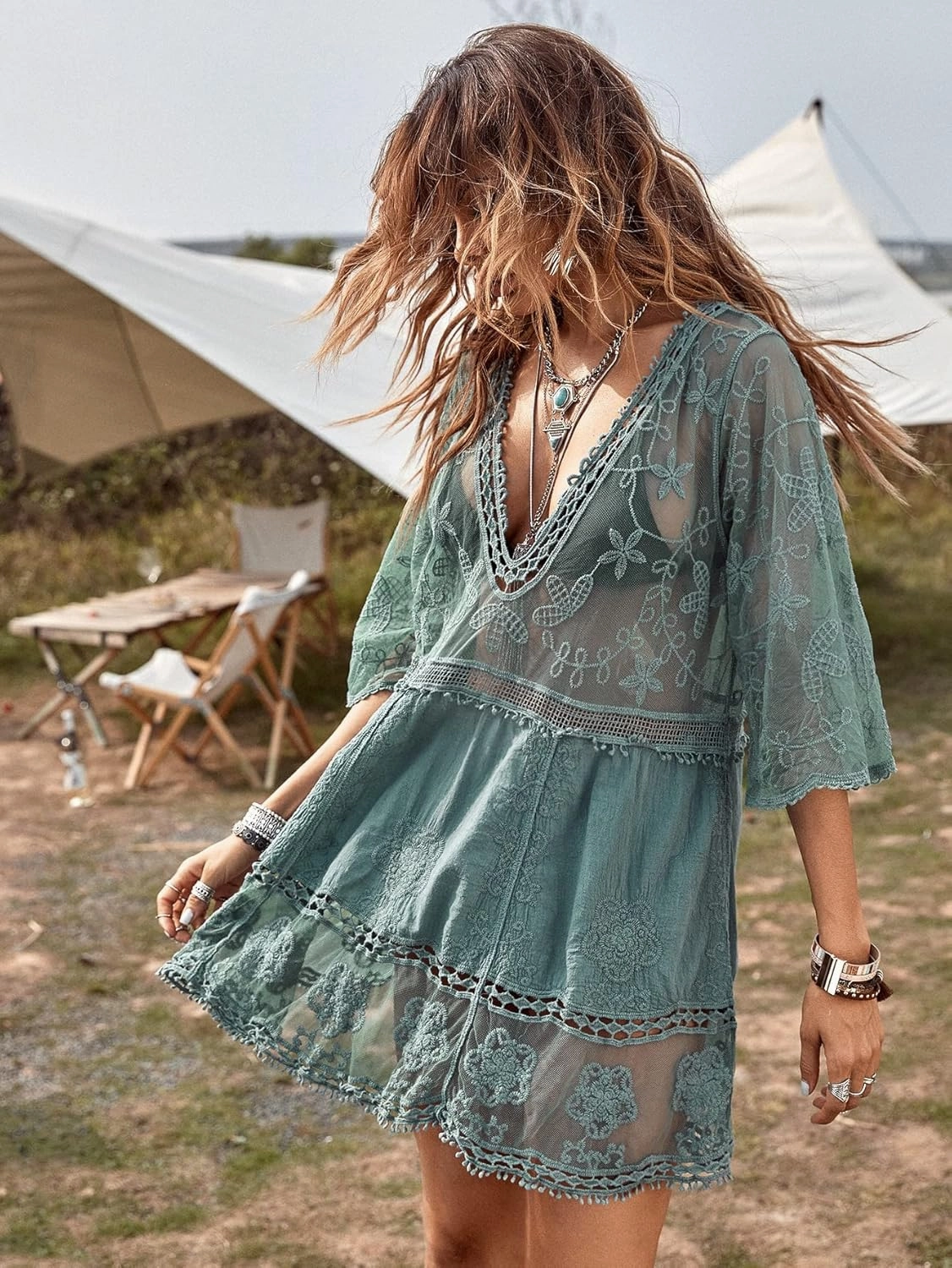 Eomenie Women's Contrast Lace Bathing Suit Cover Up V-Neck Swimsuit Coverups Loose Swimwear Beach Dress Beachwear
