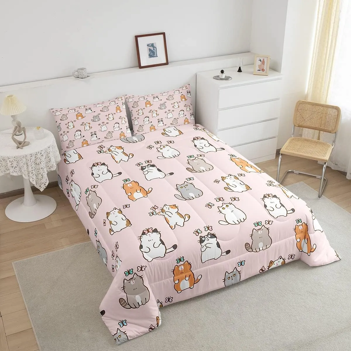 Erosebridal Cartoon Cat Comforter Set King, Kawaii Cat Butterfly Bedding Set for Girls Kids Teens, Cute Garfield Kitten Duvet Insert, Pet Animals Theme Down Comforter 3 Pieces, Pink