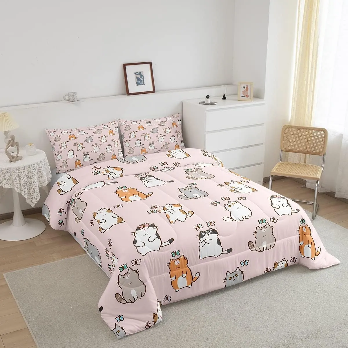 Erosebridal Cartoon Cat Comforter Set King, Kawaii Cat Butterfly Bedding Set for Girls Kids Teens, Cute Garfield Kitten Duvet Insert, Pet Animals Theme Down Comforter 3 Pieces, Pink