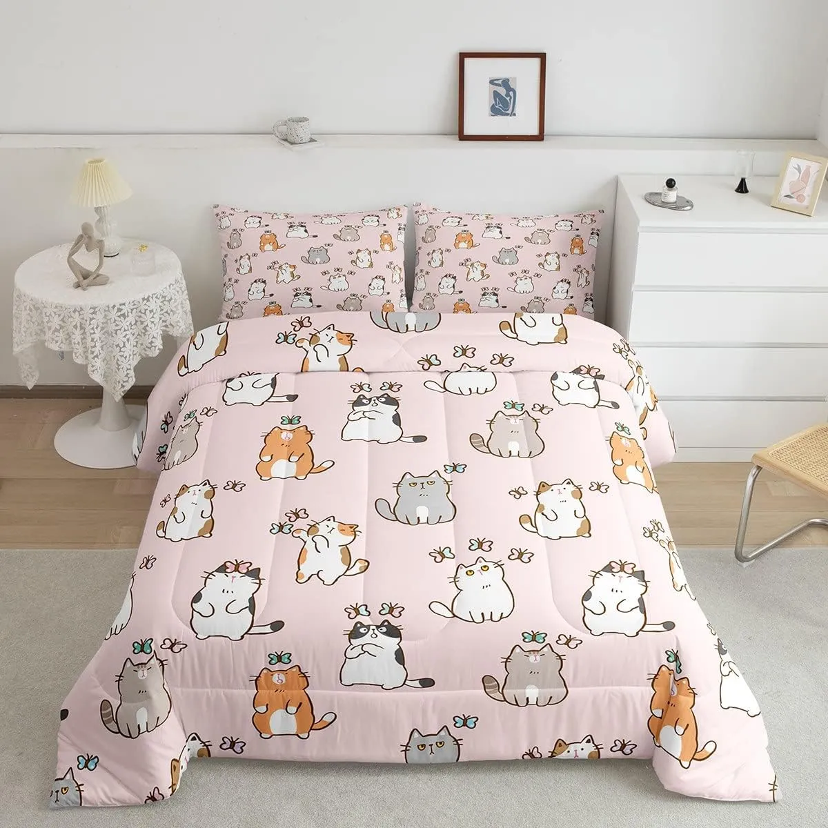 Erosebridal Cartoon Cat Comforter Set King, Kawaii Cat Butterfly Bedding Set for Girls Kids Teens, Cute Garfield Kitten Duvet Insert, Pet Animals Theme Down Comforter 3 Pieces, Pink
