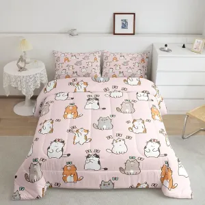 Erosebridal Cartoon Cat Comforter Set King, Kawaii Cat Butterfly Bedding Set for Girls Kids Teens, Cute Garfield Kitten Duvet Insert, Pet Animals Theme Down Comforter 3 Pieces, Pink
