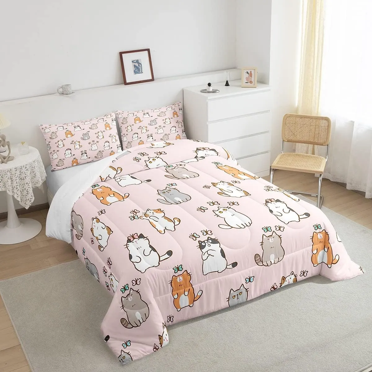 Erosebridal Cartoon Cat Comforter Set King, Kawaii Cat Butterfly Bedding Set for Girls Kids Teens, Cute Garfield Kitten Duvet Insert, Pet Animals Theme Down Comforter 3 Pieces, Pink