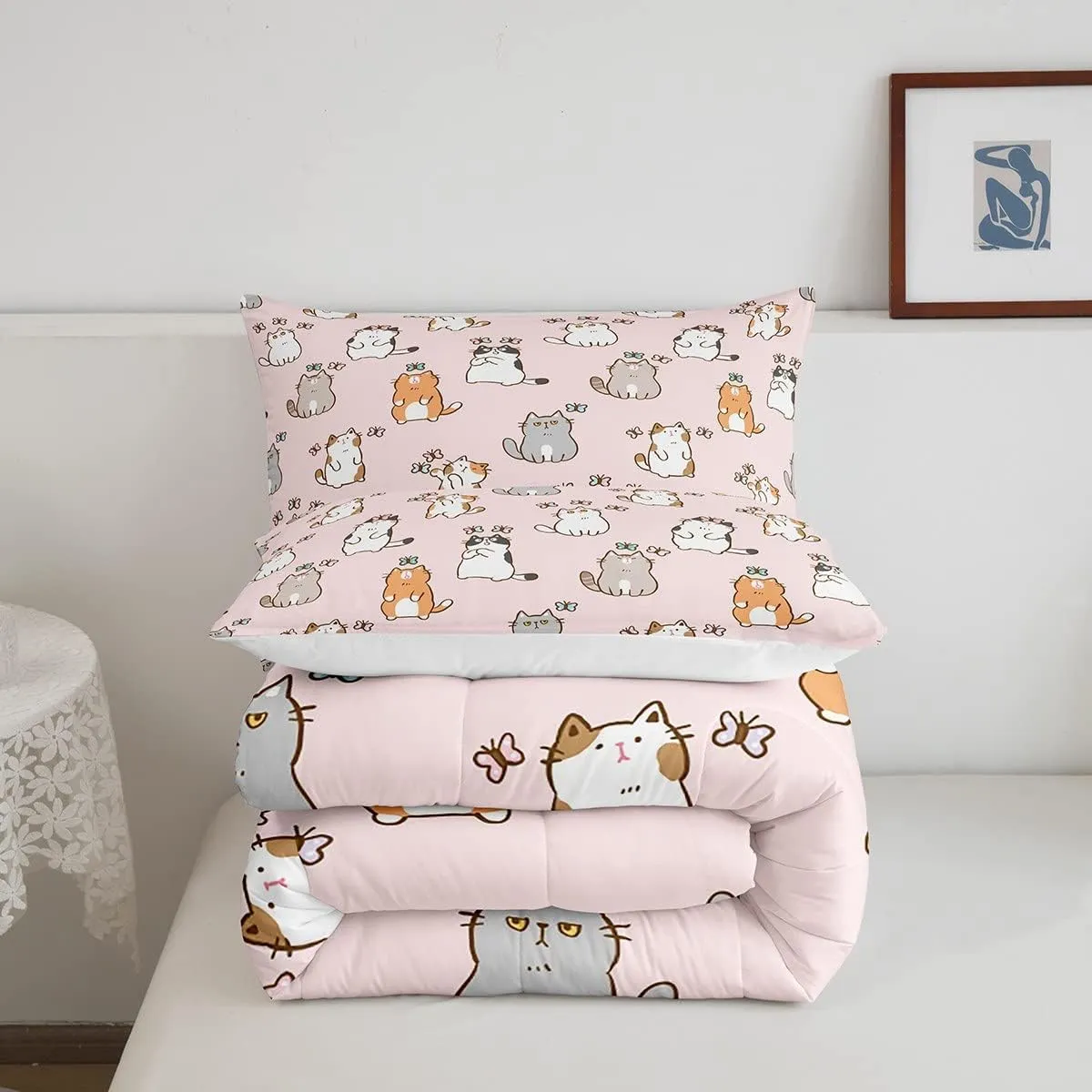 Erosebridal Cartoon Cat Comforter Set King, Kawaii Cat Butterfly Bedding Set for Girls Kids Teens, Cute Garfield Kitten Duvet Insert, Pet Animals Theme Down Comforter 3 Pieces, Pink