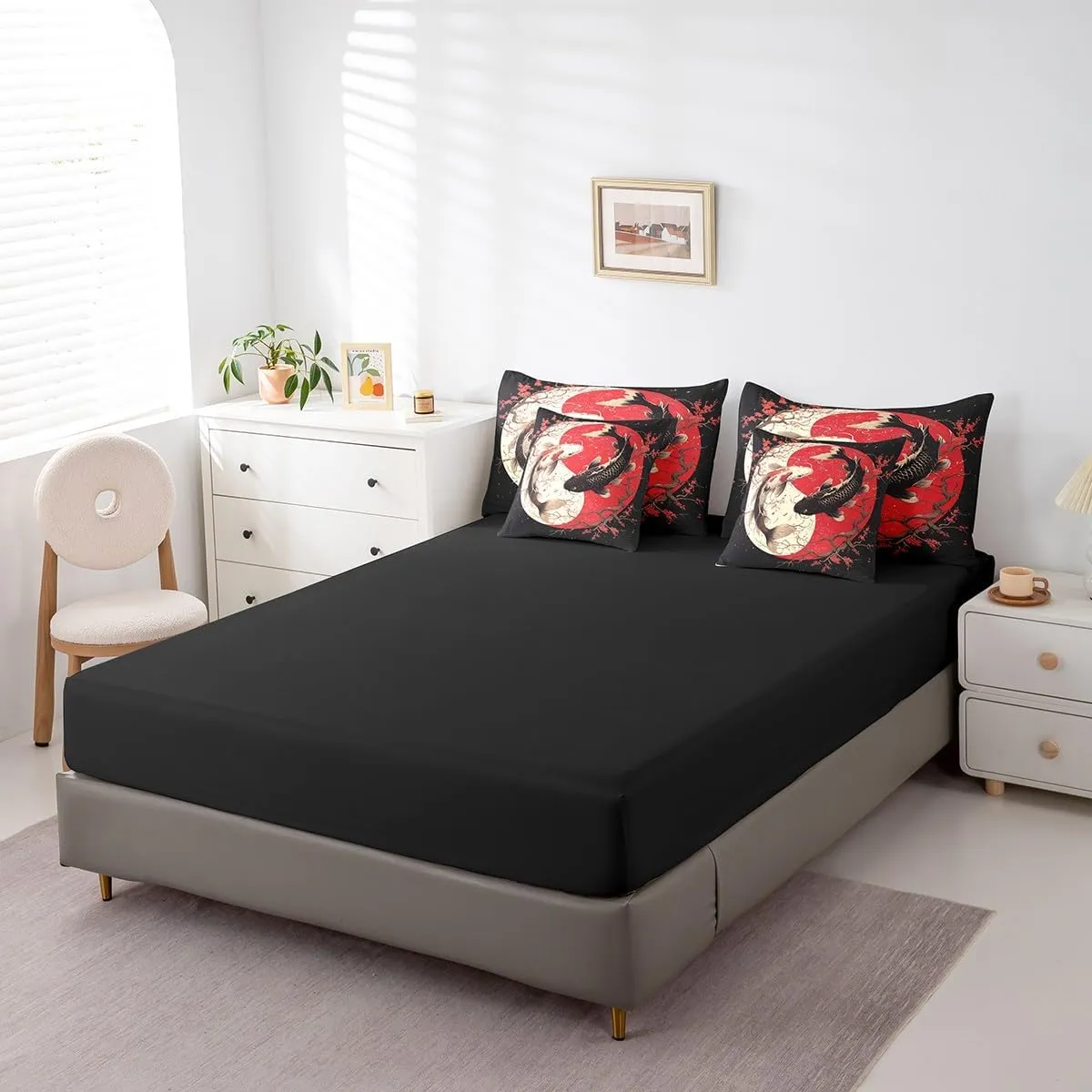 Erosebridal Japanese Koi Fish Comforter Set Full 7 Piece Yin Yang Bed in A Bag for Kids Girls Women,Red Cherry Blossom Gossip Koi Bedding Set Chinese Taiji Sheet Set with Comforter Black White Red