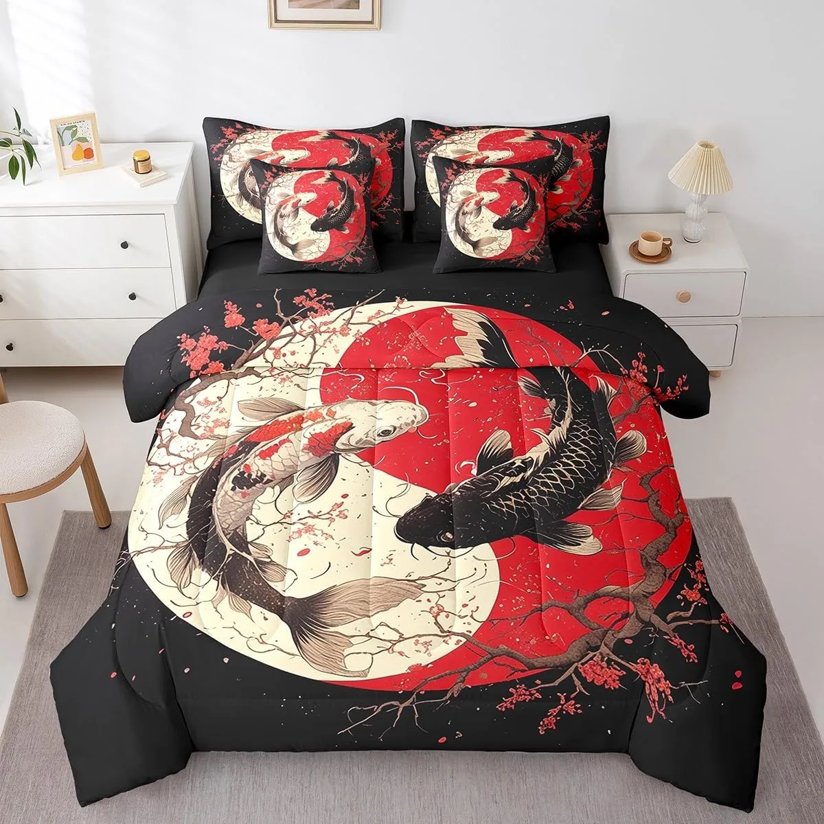 Erosebridal Japanese Koi Fish Comforter Set Full 7 Piece Yin Yang Bed in A Bag for Kids Girls Women,Red Cherry Blossom Gossip Koi Bedding Set Chinese Taiji Sheet Set with Comforter Black White Red