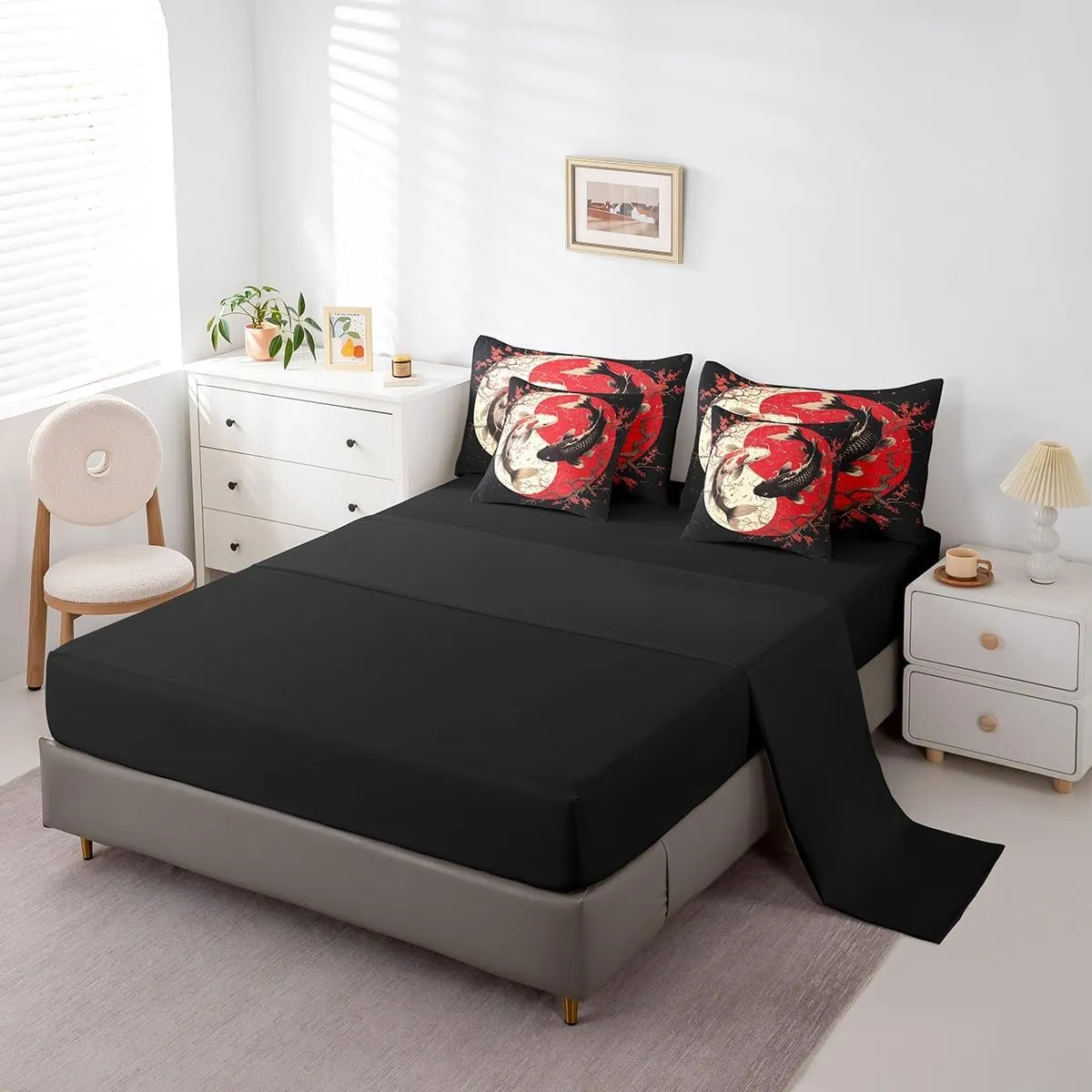 Erosebridal Japanese Koi Fish Comforter Set Full 7 Piece Yin Yang Bed in A Bag for Kids Girls Women,Red Cherry Blossom Gossip Koi Bedding Set Chinese Taiji Sheet Set with Comforter Black White Red