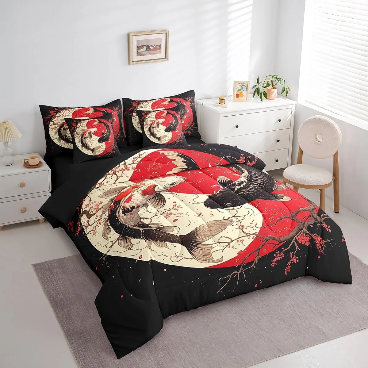 Erosebridal Japanese Koi Fish Comforter Set Full 7 Piece Yin Yang Bed in A Bag for Kids Girls Women,Red Cherry Blossom Gossip Koi Bedding Set Chinese Taiji Sheet Set with Comforter Black White Red