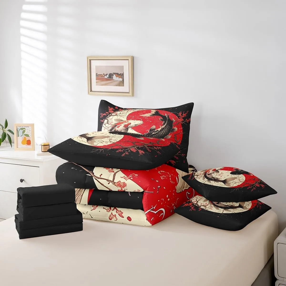Erosebridal Japanese Koi Fish Comforter Set Full 7 Piece Yin Yang Bed in A Bag for Kids Girls Women,Red Cherry Blossom Gossip Koi Bedding Set Chinese Taiji Sheet Set with Comforter Black White Red