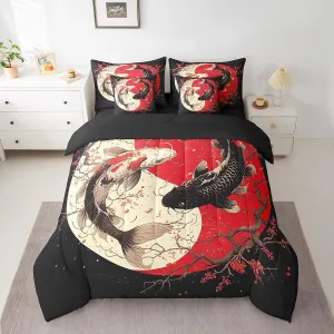 Erosebridal Japanese Koi Fish Comforter Set Full 7 Piece Yin Yang Bed in A Bag for Kids Girls Women,Red Cherry Blossom Gossip Koi Bedding Set Chinese Taiji Sheet Set with Comforter Black White Red