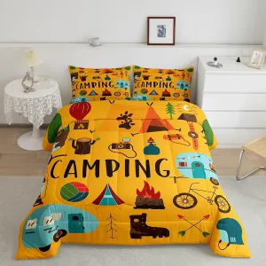 Erosebridal Twin Bedding for Rv Camper Happy Camping Comforter Set for Kids Teens, Cartoon Camping Accessories Bedding Comforter Sets Camper Decor Outdoor Adventure Duvet Insert for Travel Trailers