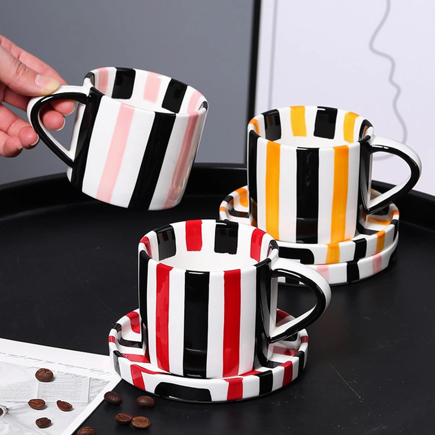 Espresso Cups Ceramic Coffee Mug Series European Striped Dot Coffee Cup And Saucer Mug Cake Plate Afternoon Tea Set Tea Cup And Saucer,Redblack