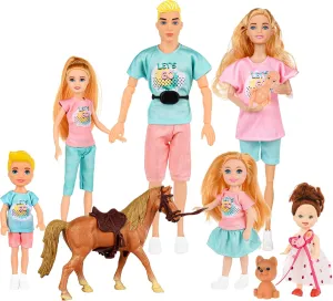 Family Dollhouse Dolls Set of 7 People Include Pregnant Mom Dad 4 Kids, a Small Baby in Mommy's Tummy,a Puppy Dog and a Little Horse, Doll Playsets and Accessories for 3-12 Years Old Toddlers Gift