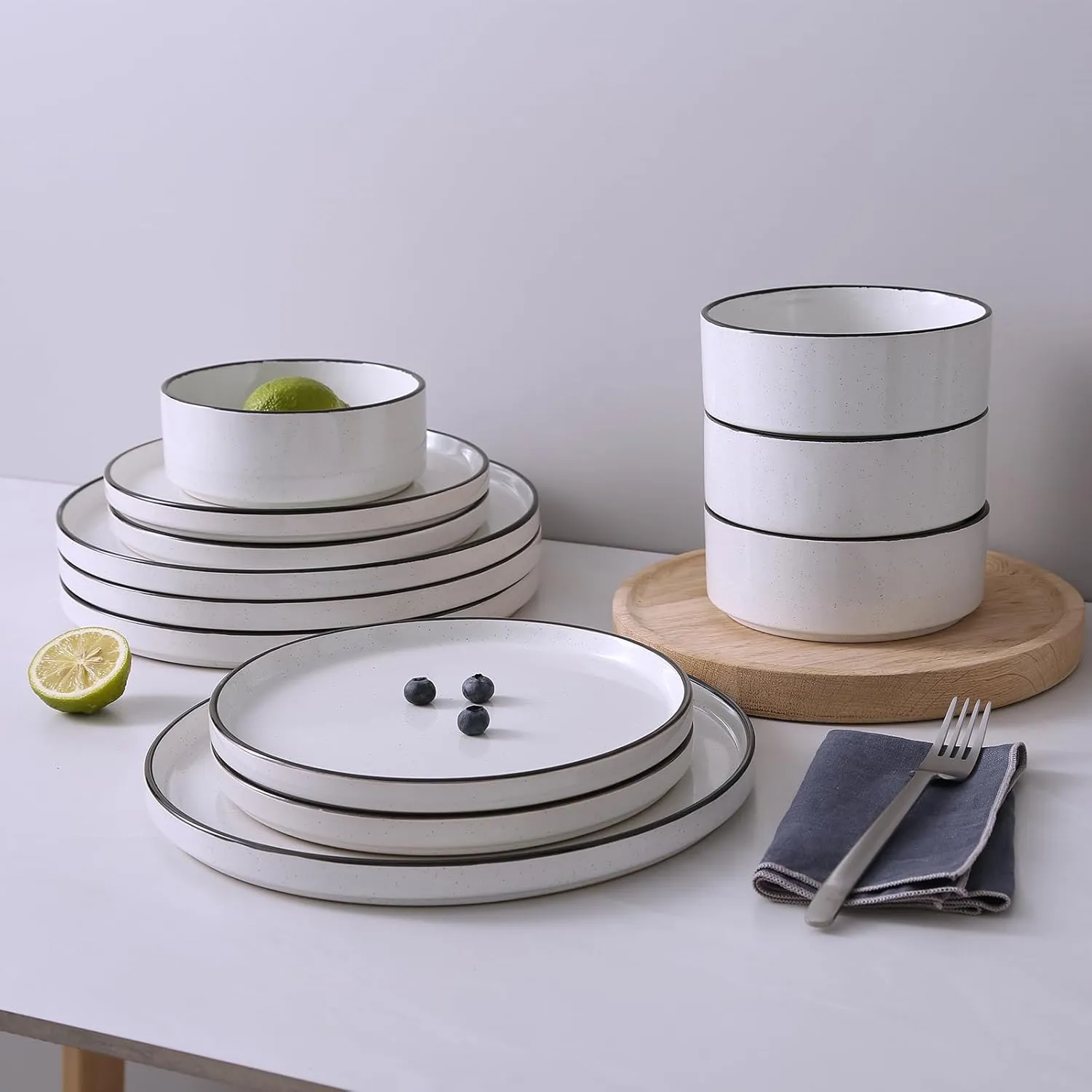 Famiware Nebula Plates and Bowls Sets for 4, 12 Pieces Stoneware Dinnerware Set, Microwave and Dishwasher Safe Dishes Set, White with Black Rim