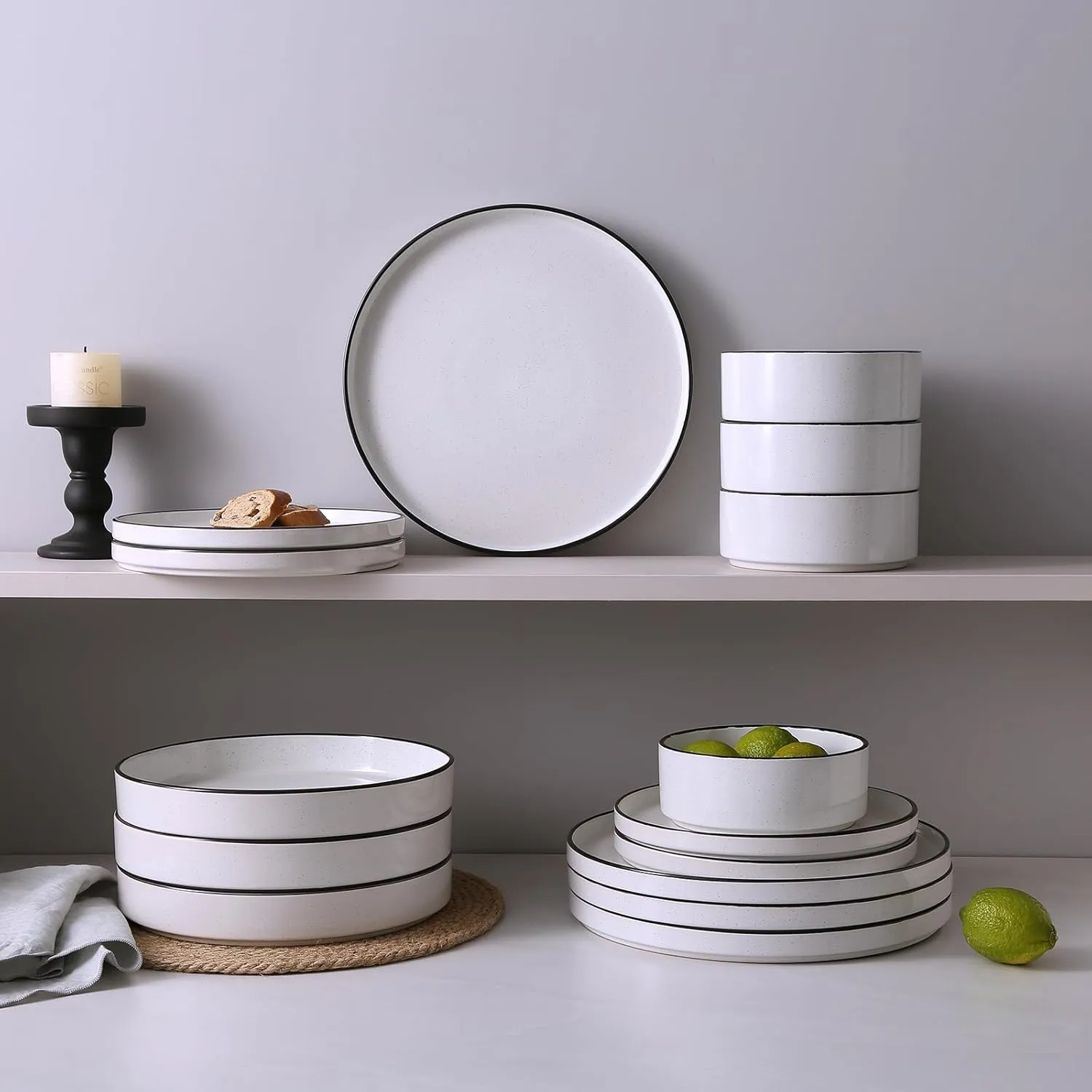 Famiware Nebula Plates and Bowls Sets for 4, 12 Pieces Stoneware Dinnerware Set, Microwave and Dishwasher Safe Dishes Set, White with Black Rim