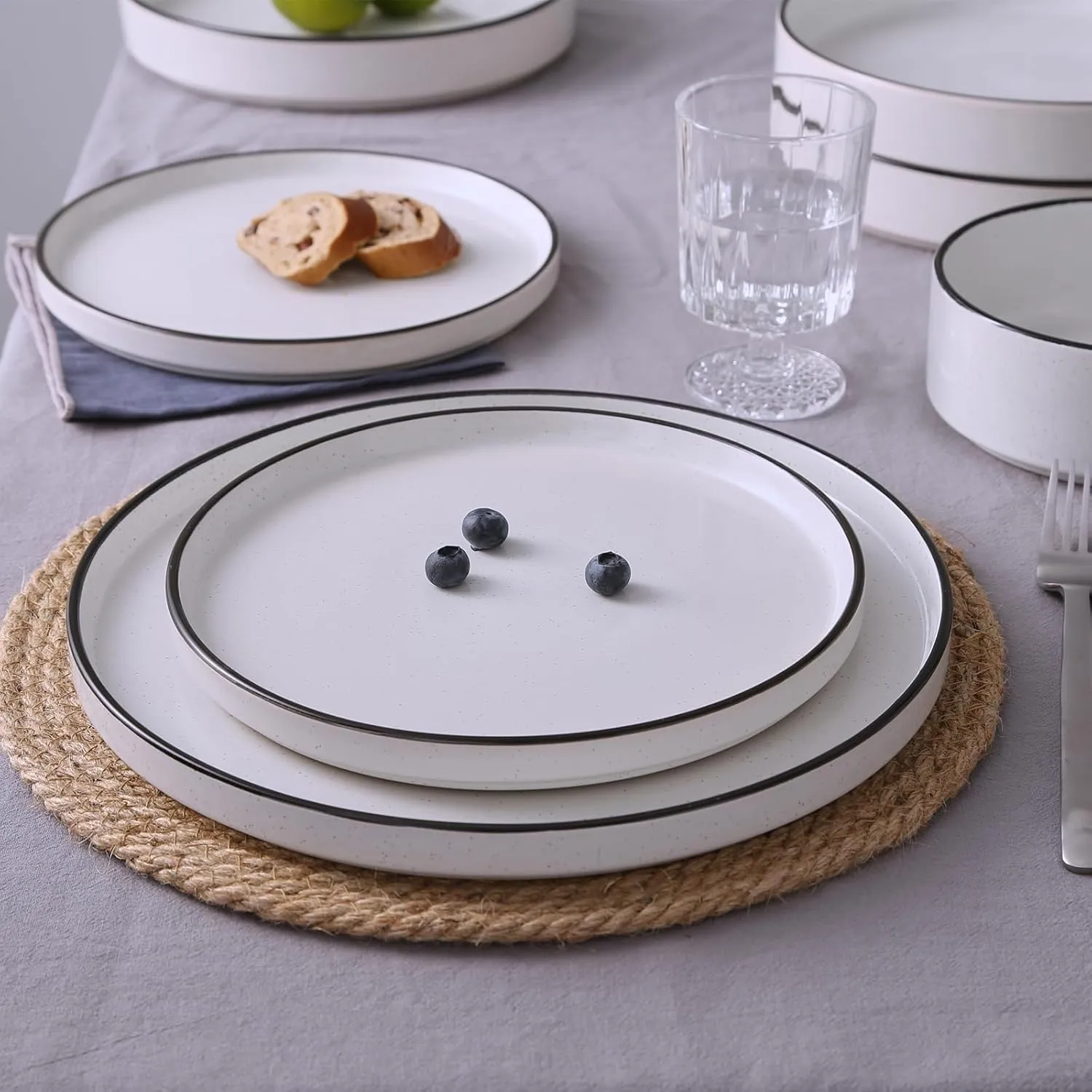 Famiware Nebula Plates and Bowls Sets for 4, 12 Pieces Stoneware Dinnerware Set, Microwave and Dishwasher Safe Dishes Set, White with Black Rim