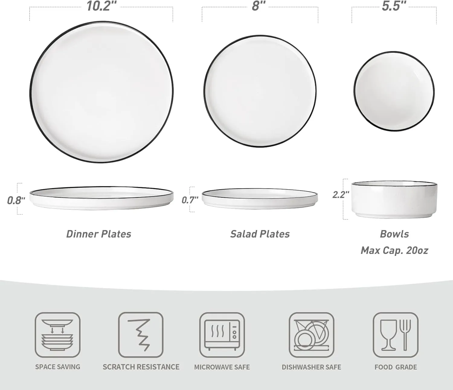 Famiware Nebula Plates and Bowls Sets for 4, 12 Pieces Stoneware Dinnerware Set, Microwave and Dishwasher Safe Dishes Set, White with Black Rim