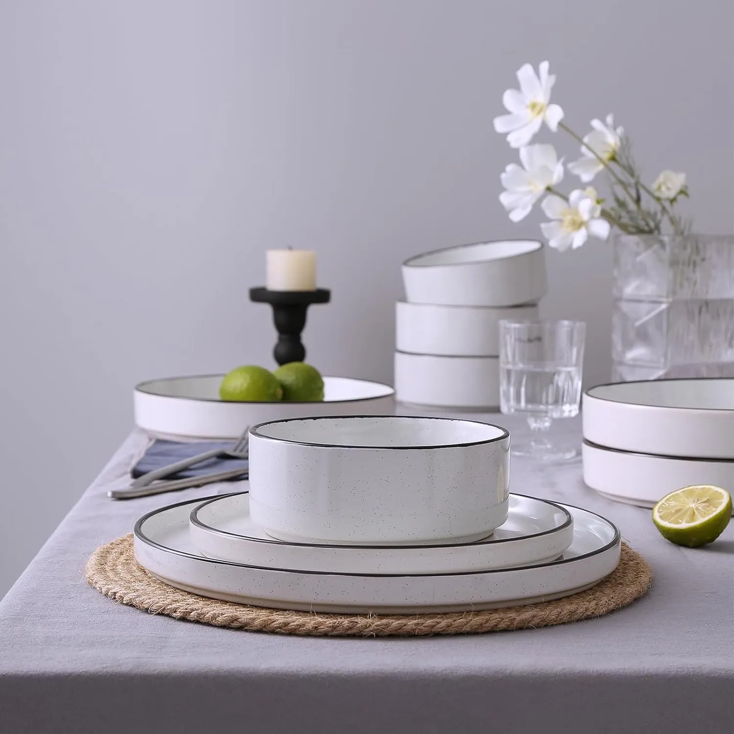 Famiware Nebula Plates and Bowls Sets for 4, 12 Pieces Stoneware Dinnerware Set, Microwave and Dishwasher Safe Dishes Set, White with Black Rim