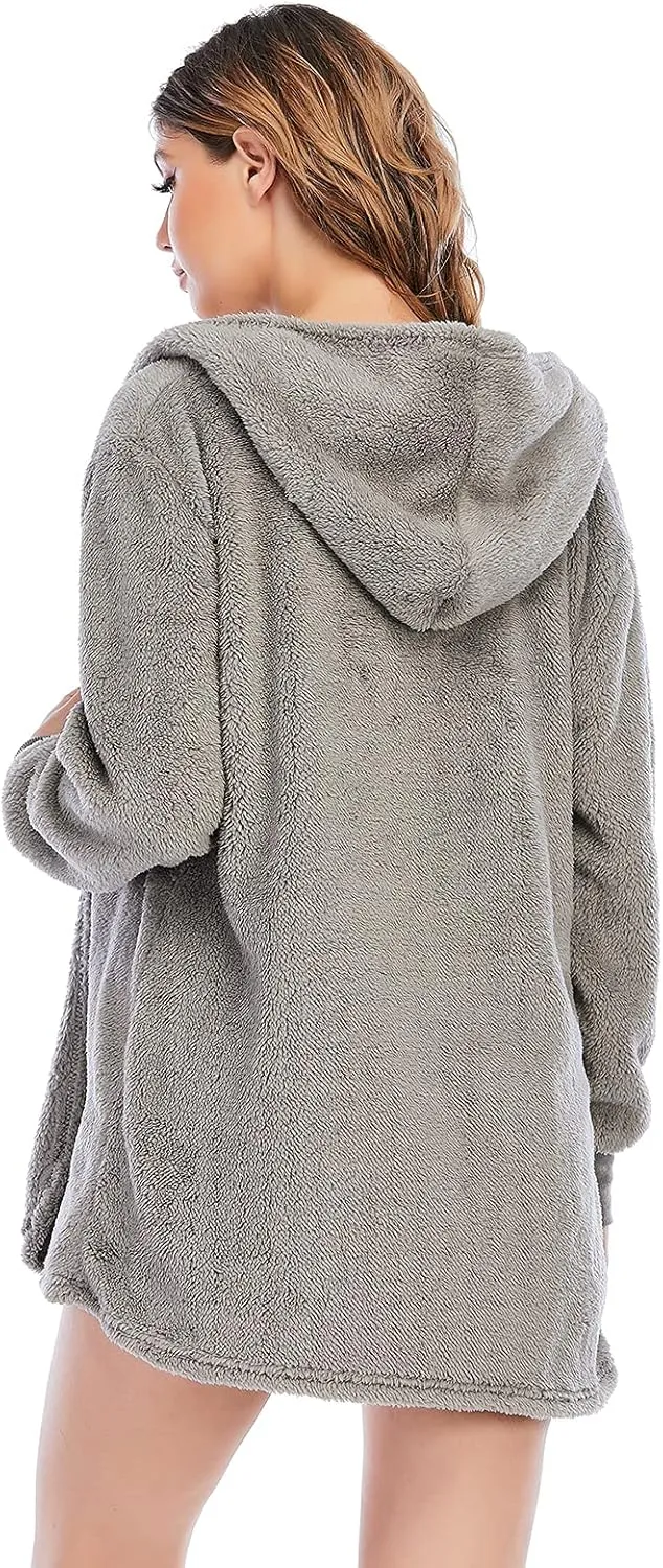 Famnbro Women's Sexy Fuzzy 3 Piece Outfits Fleece Warm Hooded Cardigan Crop Top Shorts Set Pajamas Loungewear