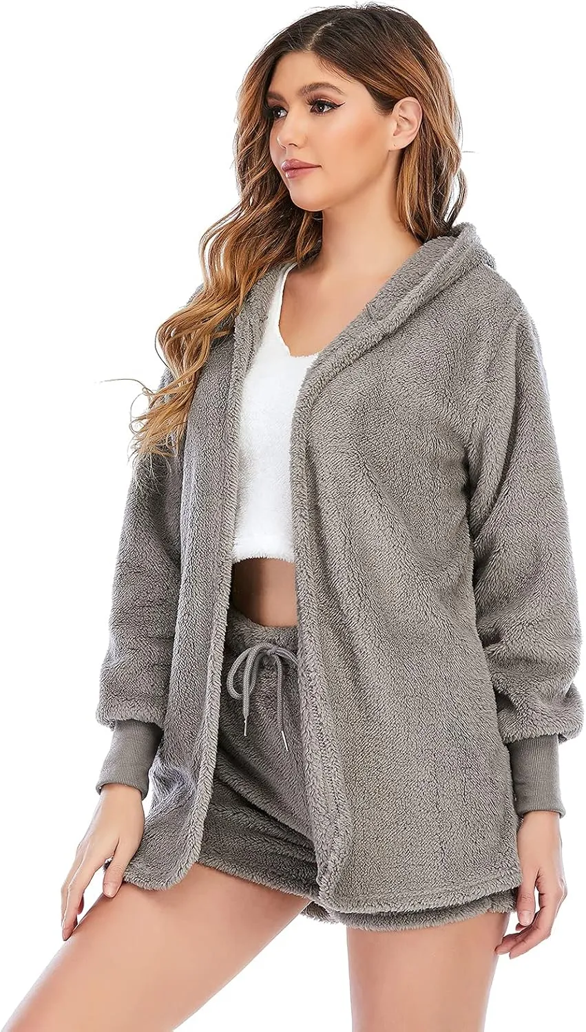 Famnbro Women's Sexy Fuzzy 3 Piece Outfits Fleece Warm Hooded Cardigan Crop Top Shorts Set Pajamas Loungewear