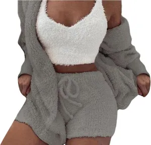 Famnbro Women's Sexy Fuzzy 3 Piece Outfits Fleece Warm Hooded Cardigan Crop Top Shorts Set Pajamas Loungewear