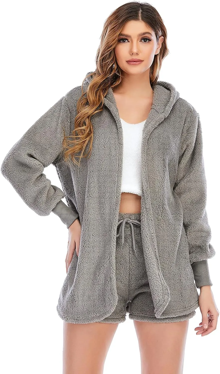Famnbro Women's Sexy Fuzzy 3 Piece Outfits Fleece Warm Hooded Cardigan Crop Top Shorts Set Pajamas Loungewear