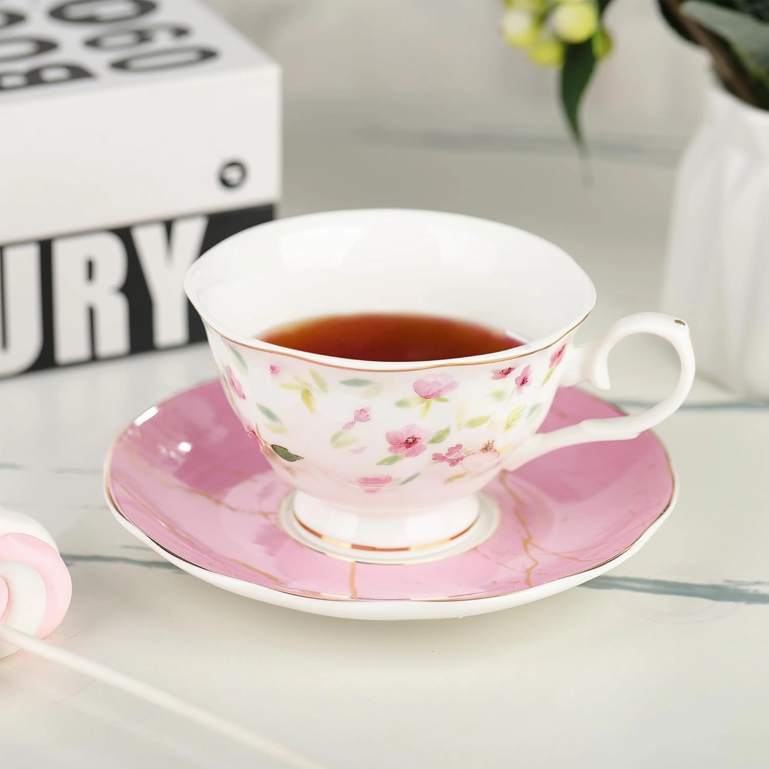 fanquare Rose Tea Cup and Saucer Set for 6, British Tea Cups Set for Gift, Multi-Color Flowers Porcelain Tea Service