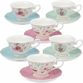 fanquare Rose Tea Cup and Saucer Set for 6, British Tea Cups Set for Gift, Multi-Color Flowers Porcelain Tea Service