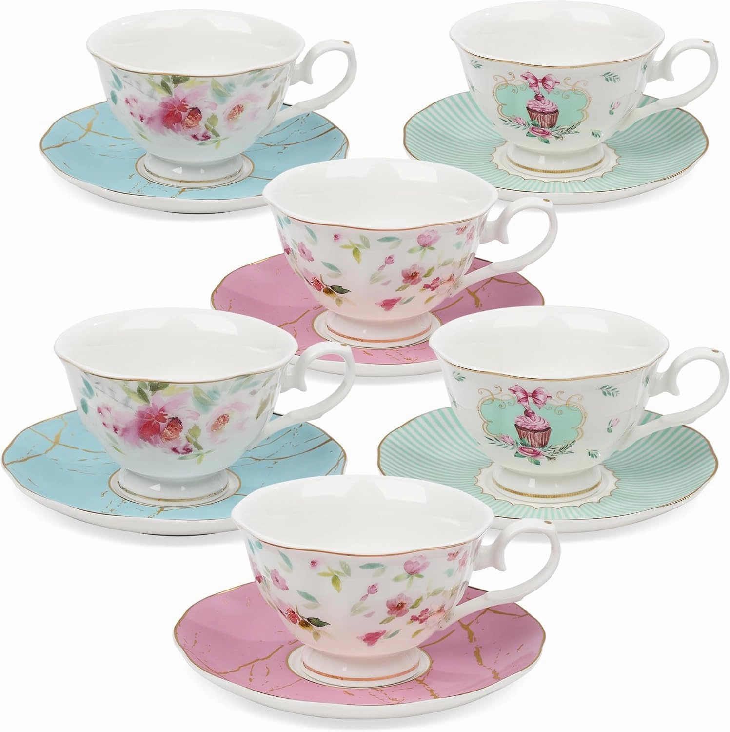 fanquare Rose Tea Cup and Saucer Set for 6, British Tea Cups Set for Gift, Multi-Color Flowers Porcelain Tea Service