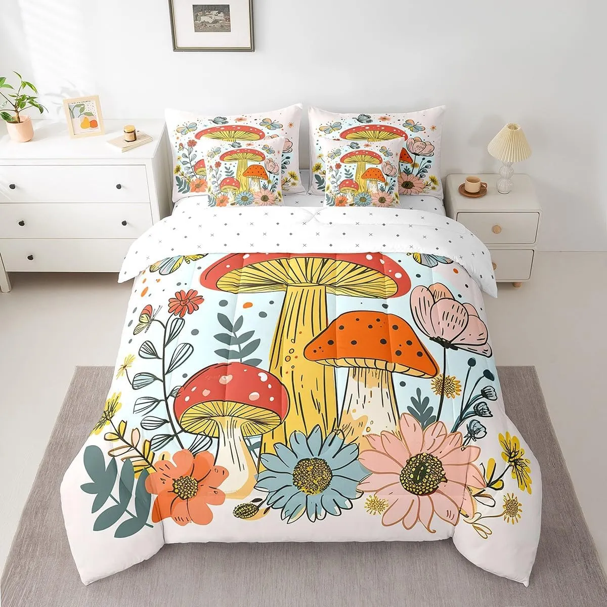 Feelyou Cute Mushroom Bed Set Includes Comforter, Sheet Set, Pillowcases & Pillow Covers Twin Size Wild Mushroom Stuff 7 Pieces Bedding Set, for Kids Kawaii Fungus Bed in a Bag, Teens Decor Floral