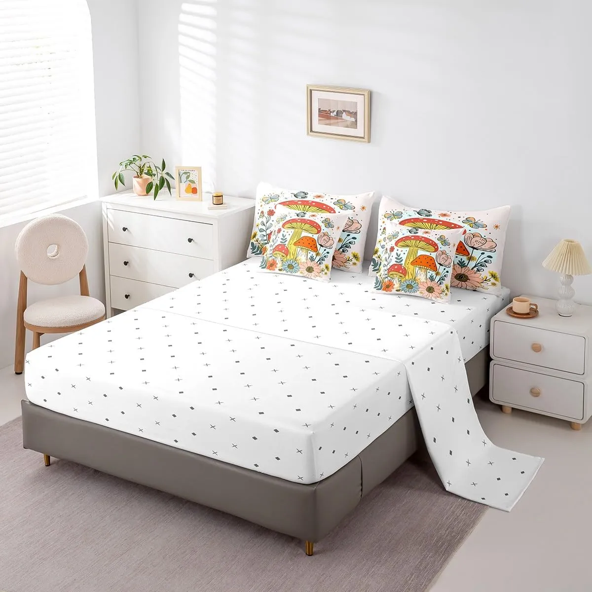 Feelyou Cute Mushroom Bed Set Includes Comforter, Sheet Set, Pillowcases & Pillow Covers Twin Size Wild Mushroom Stuff 7 Pieces Bedding Set, for Kids Kawaii Fungus Bed in a Bag, Teens Decor Floral