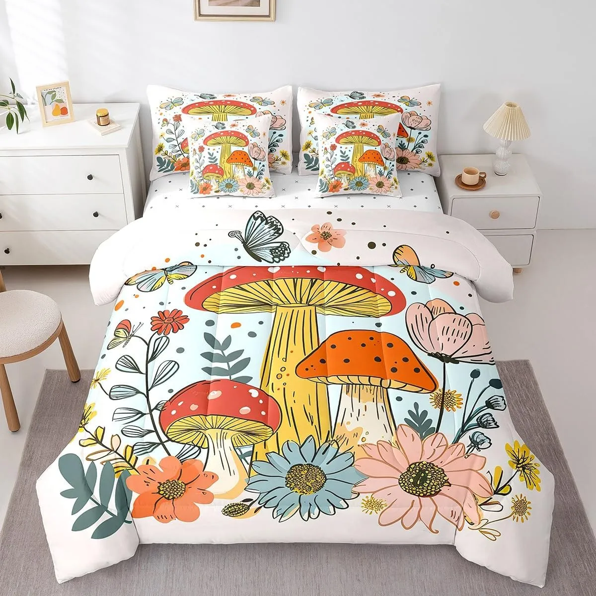 Feelyou Cute Mushroom Bed Set Includes Comforter, Sheet Set, Pillowcases & Pillow Covers Twin Size Wild Mushroom Stuff 7 Pieces Bedding Set, for Kids Kawaii Fungus Bed in a Bag, Teens Decor Floral
