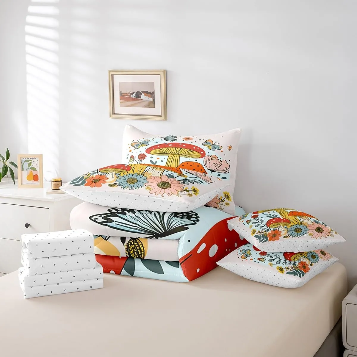 Feelyou Cute Mushroom Bed Set Includes Comforter, Sheet Set, Pillowcases & Pillow Covers Twin Size Wild Mushroom Stuff 7 Pieces Bedding Set, for Kids Kawaii Fungus Bed in a Bag, Teens Decor Floral