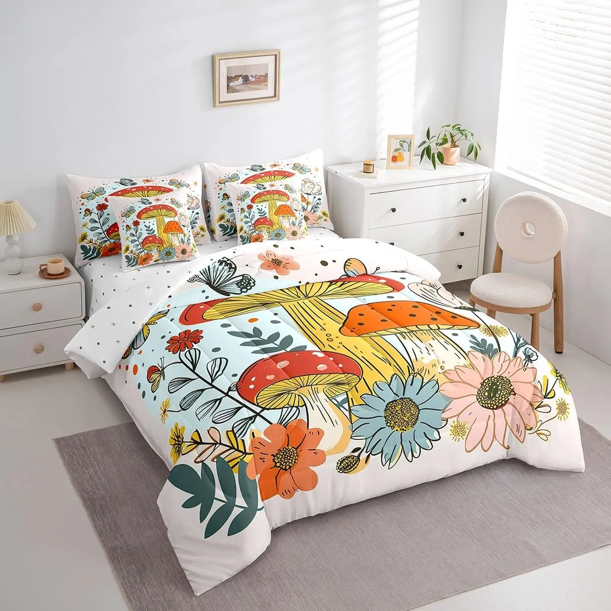 Feelyou Cute Mushroom Bed Set Includes Comforter, Sheet Set, Pillowcases & Pillow Covers Twin Size Wild Mushroom Stuff 7 Pieces Bedding Set, for Kids Kawaii Fungus Bed in a Bag, Teens Decor Floral