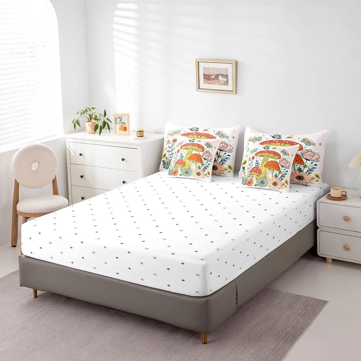 Feelyou Cute Mushroom Bed Set Includes Comforter, Sheet Set, Pillowcases & Pillow Covers Twin Size Wild Mushroom Stuff 7 Pieces Bedding Set, for Kids Kawaii Fungus Bed in a Bag, Teens Decor Floral