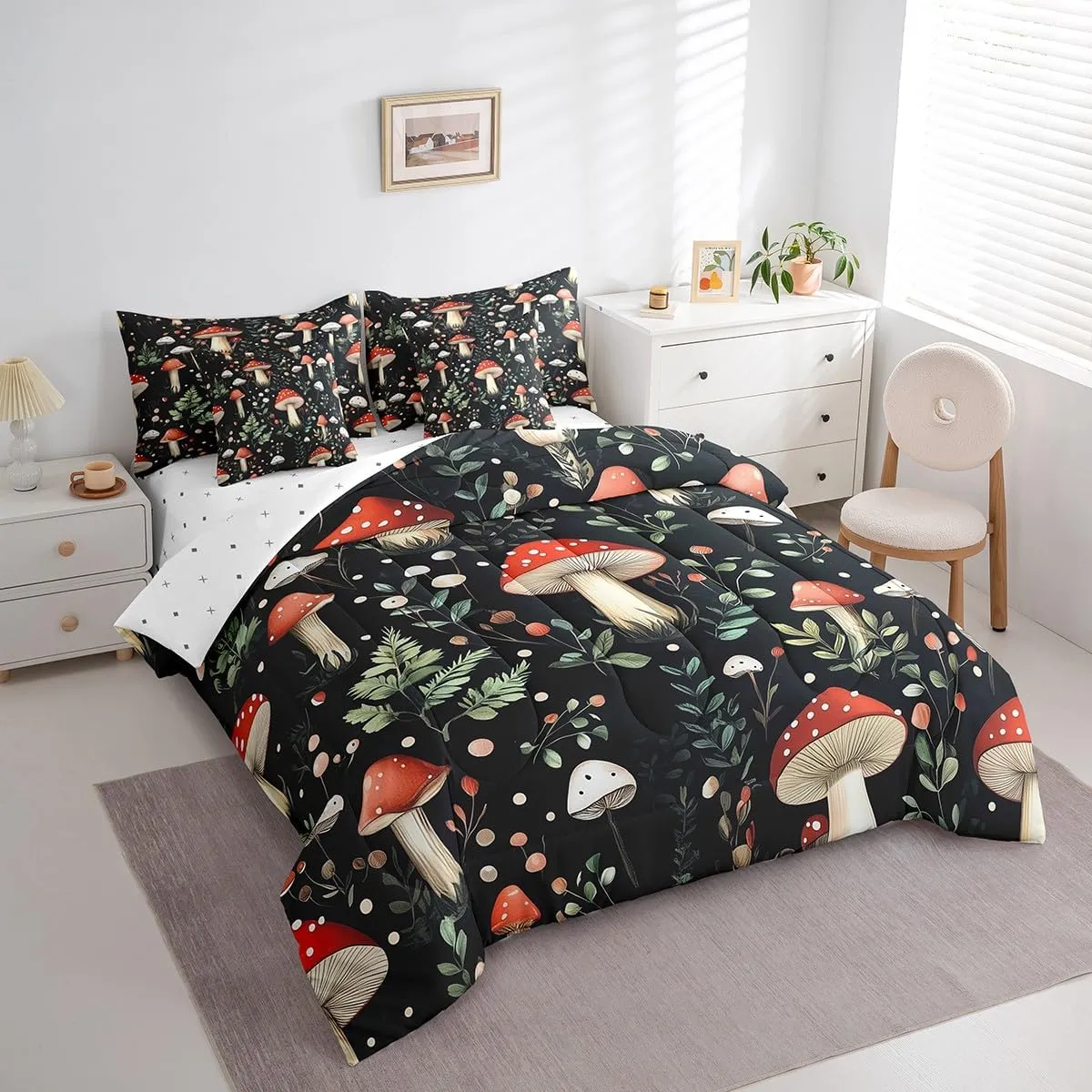 Feelyou Cute Mushroom Decor Bed Set Kids Girls Woman Twin Size Wild Mushroom Stuff 7 Pieces Beeding Set Ultra Soft Kawaii Fungus Bed in a Bag with Comforter, Sheets, Pillowcases Mushroom Room Decor