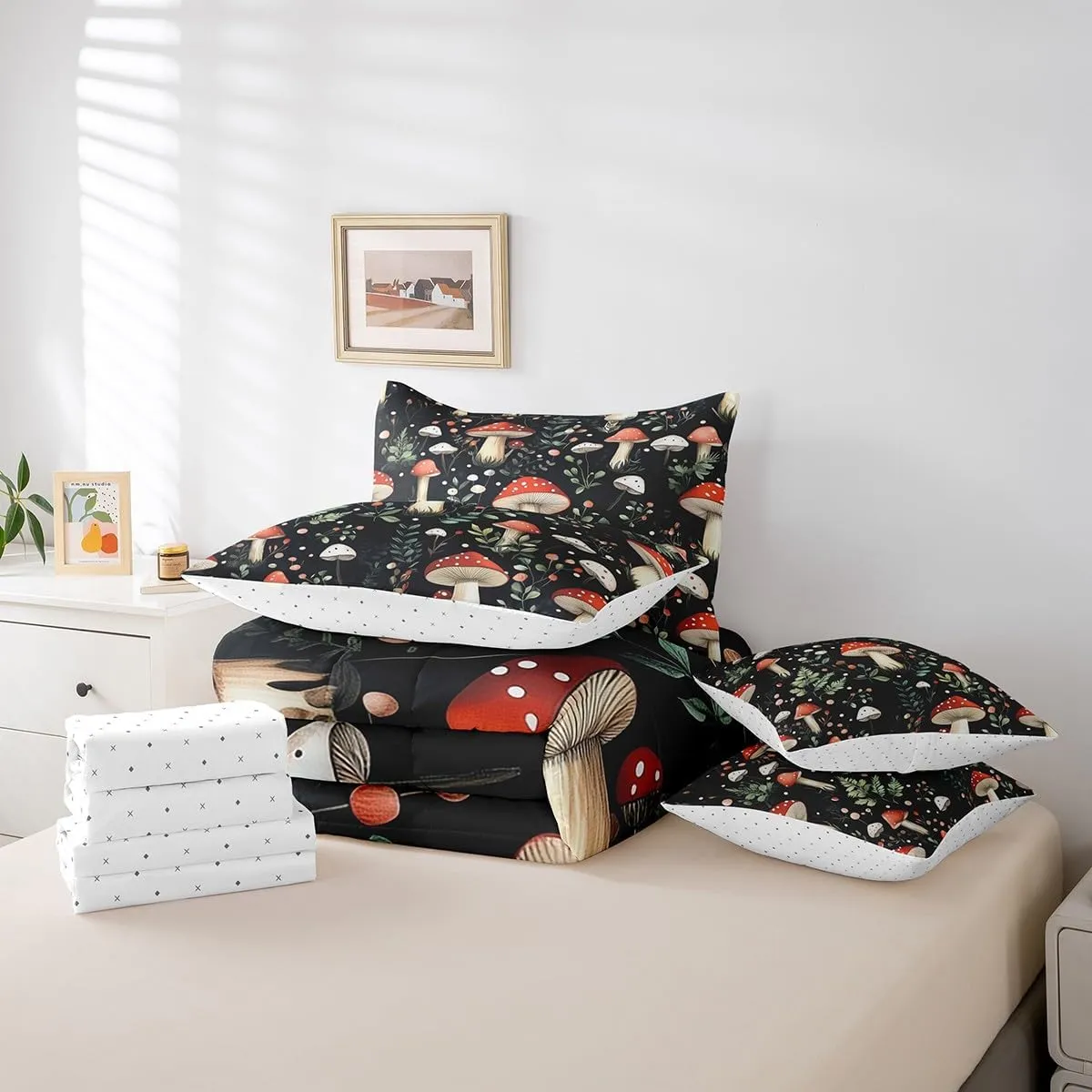 Feelyou Cute Mushroom Decor Bed Set Kids Girls Woman Twin Size Wild Mushroom Stuff 7 Pieces Beeding Set Ultra Soft Kawaii Fungus Bed in a Bag with Comforter, Sheets, Pillowcases Mushroom Room Decor