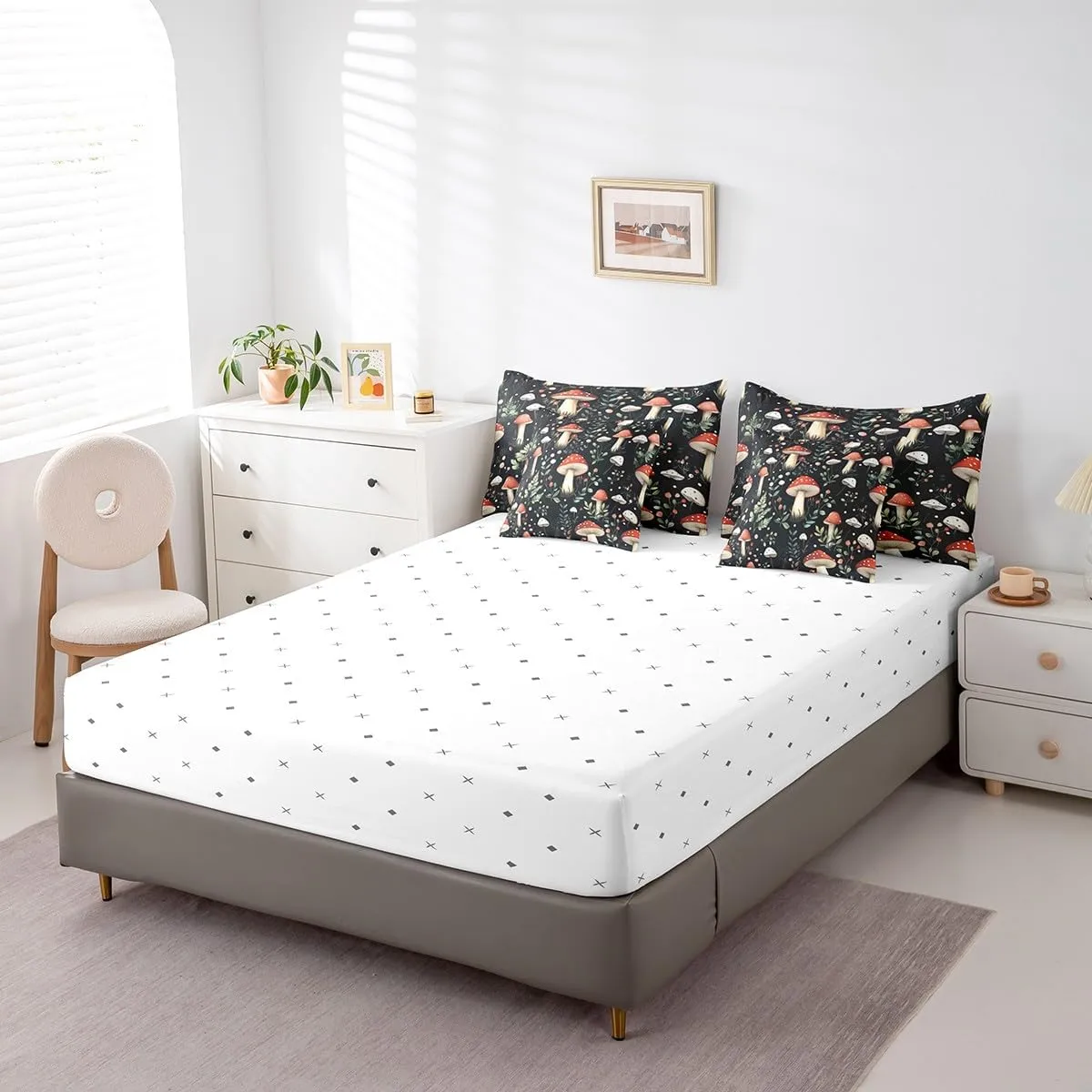 Feelyou Cute Mushroom Decor Bed Set Kids Girls Woman Twin Size Wild Mushroom Stuff 7 Pieces Beeding Set Ultra Soft Kawaii Fungus Bed in a Bag with Comforter, Sheets, Pillowcases Mushroom Room Decor