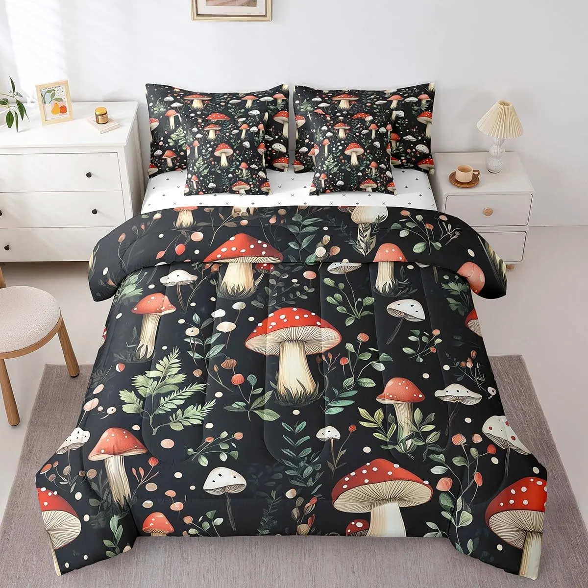 Feelyou Cute Mushroom Decor Bed Set Kids Girls Woman Twin Size Wild Mushroom Stuff 7 Pieces Beeding Set Ultra Soft Kawaii Fungus Bed in a Bag with Comforter, Sheets, Pillowcases Mushroom Room Decor