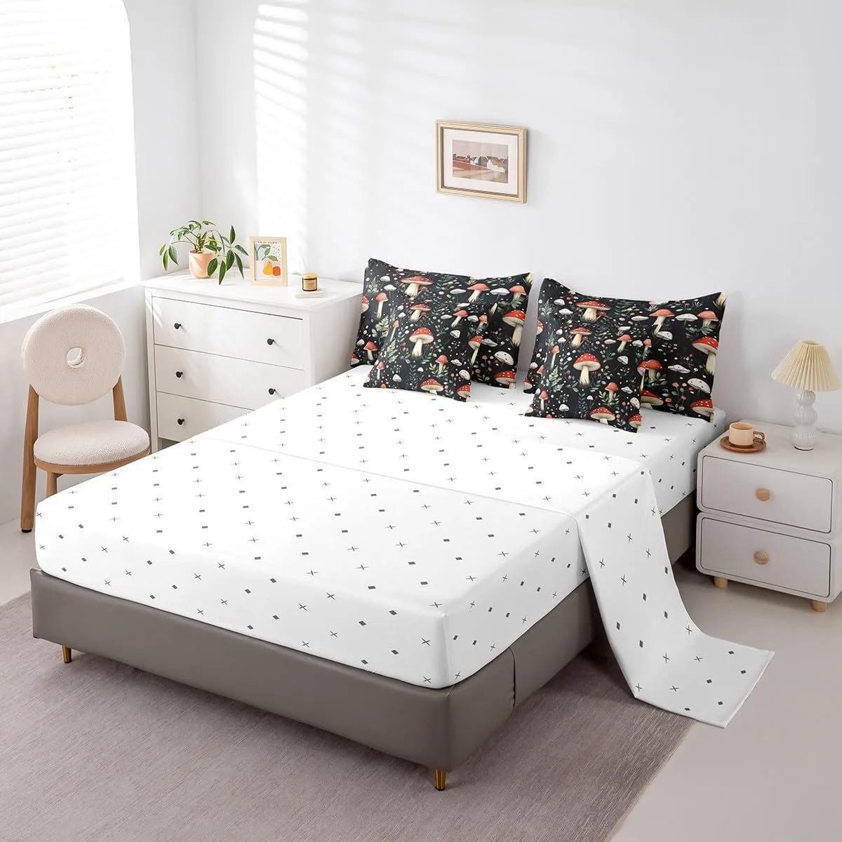 Feelyou Cute Mushroom Decor Bed Set Kids Girls Woman Twin Size Wild Mushroom Stuff 7 Pieces Beeding Set Ultra Soft Kawaii Fungus Bed in a Bag with Comforter, Sheets, Pillowcases Mushroom Room Decor