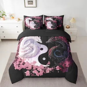 Feelyou Dragon Bedding Set Full Size Yin Yang Comforter Set 7 Pieces Cherry Blossoms 3D Dragon Ancient Wildlife Couple Lover Bed in a Bag for Romantic Bed Set with Comforter, Sheet Set, Pillowcases