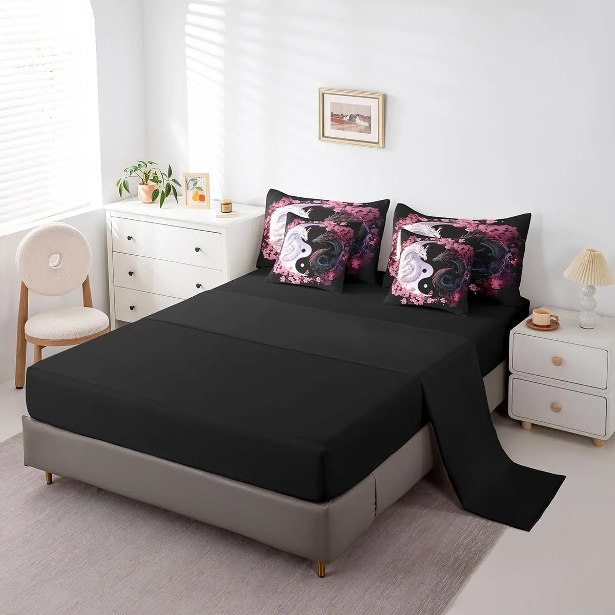Feelyou Dragon Bedding Set Full Size Yin Yang Comforter Set 7 Pieces Cherry Blossoms 3D Dragon Ancient Wildlife Couple Lover Bed in a Bag for Romantic Bed Set with Comforter, Sheet Set, Pillowcases