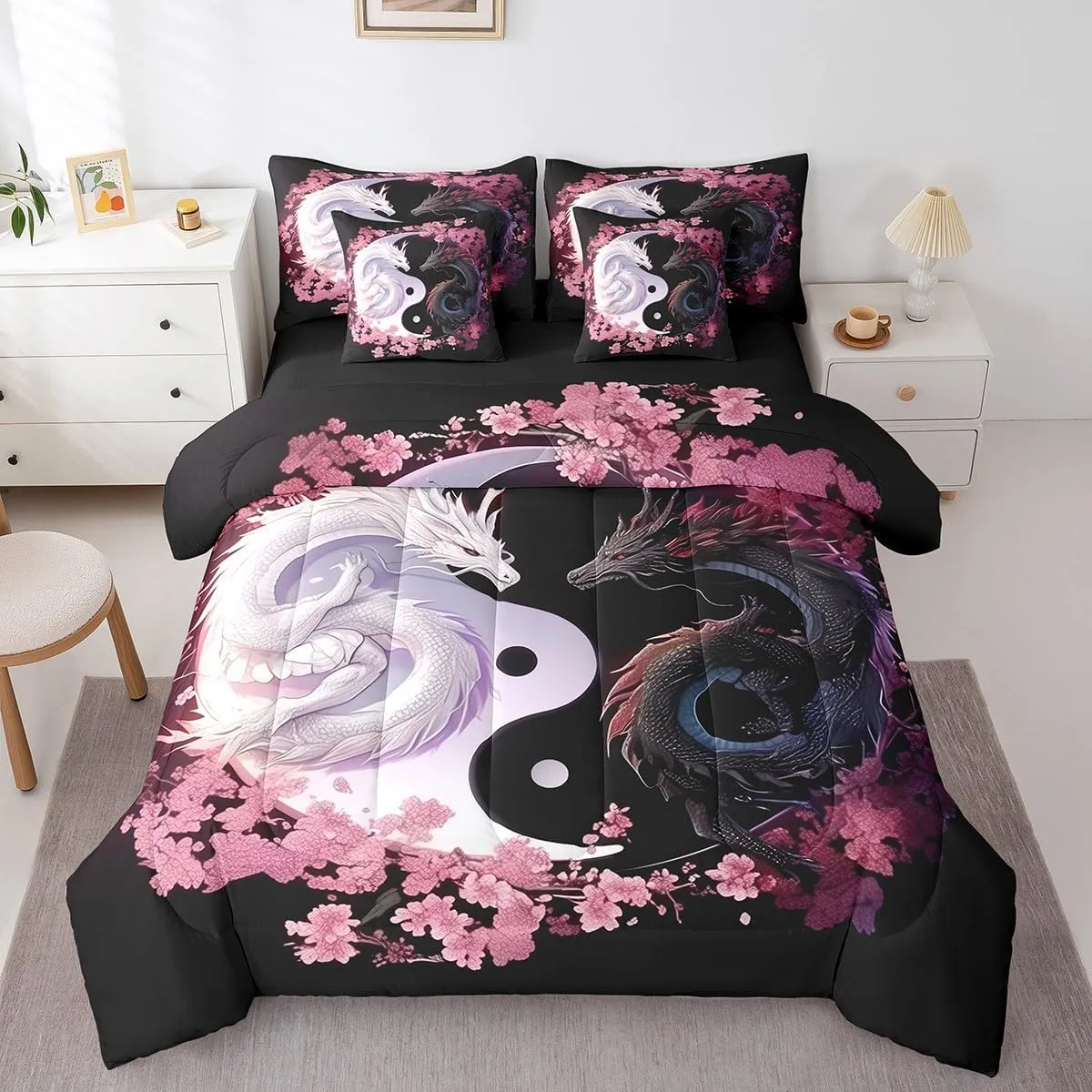 Feelyou Dragon Bedding Set Full Size Yin Yang Comforter Set 7 Pieces Cherry Blossoms 3D Dragon Ancient Wildlife Couple Lover Bed in a Bag for Romantic Bed Set with Comforter, Sheet Set, Pillowcases