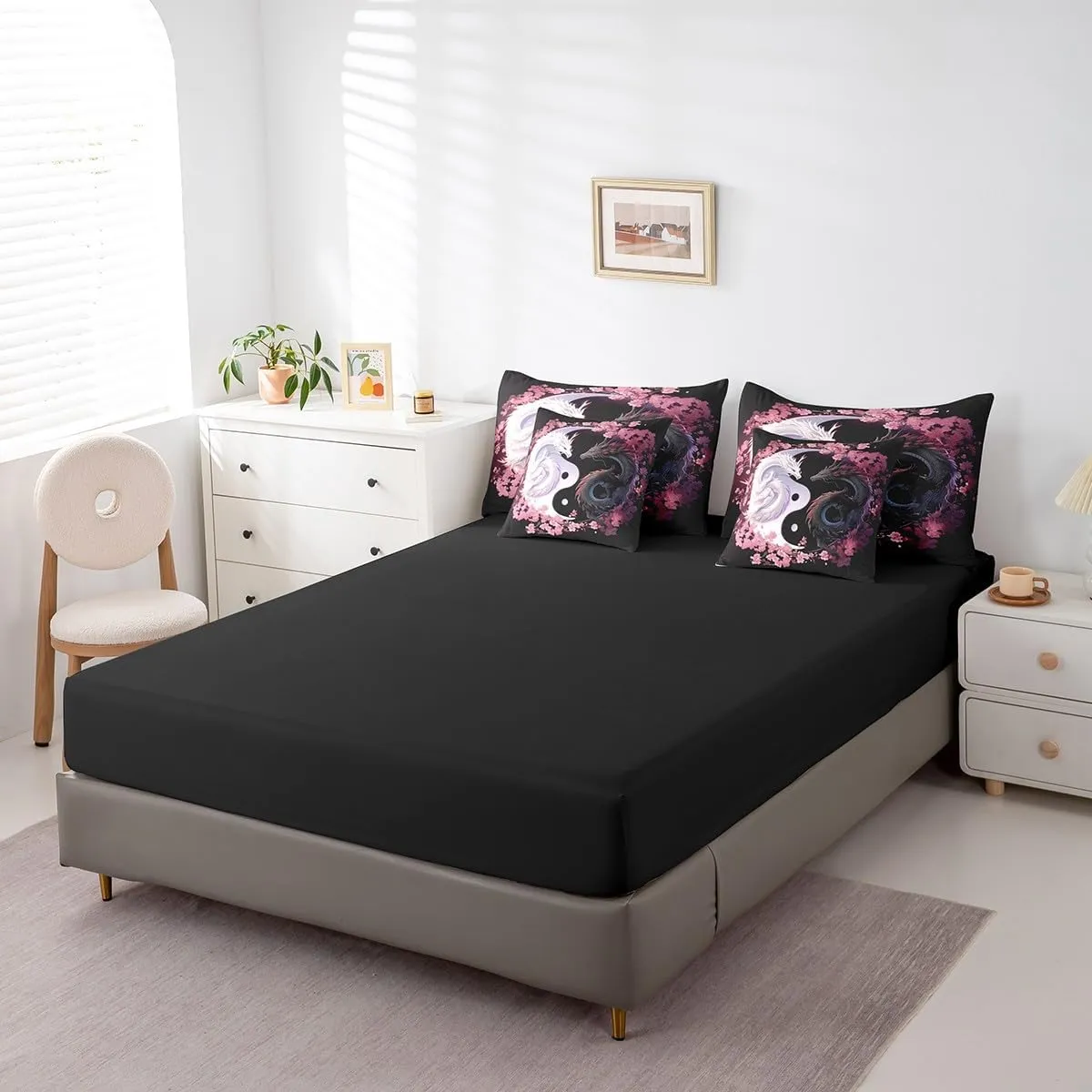Feelyou Dragon Bedding Set Full Size Yin Yang Comforter Set 7 Pieces Cherry Blossoms 3D Dragon Ancient Wildlife Couple Lover Bed in a Bag for Romantic Bed Set with Comforter, Sheet Set, Pillowcases