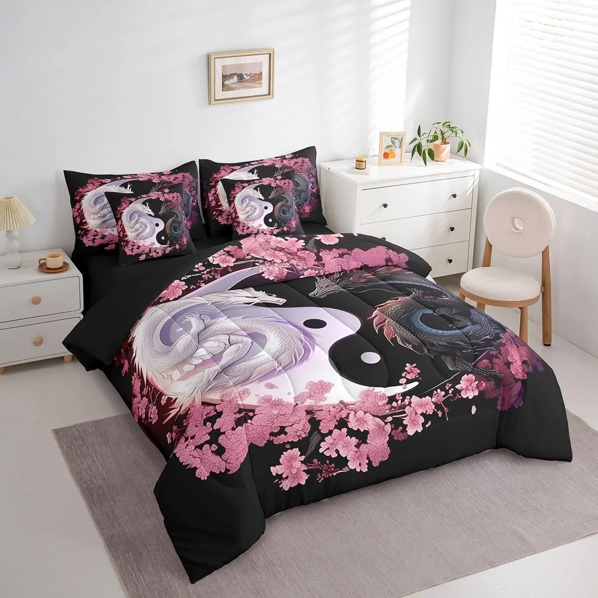 Feelyou Dragon Bedding Set Full Size Yin Yang Comforter Set 7 Pieces Cherry Blossoms 3D Dragon Ancient Wildlife Couple Lover Bed in a Bag for Romantic Bed Set with Comforter, Sheet Set, Pillowcases