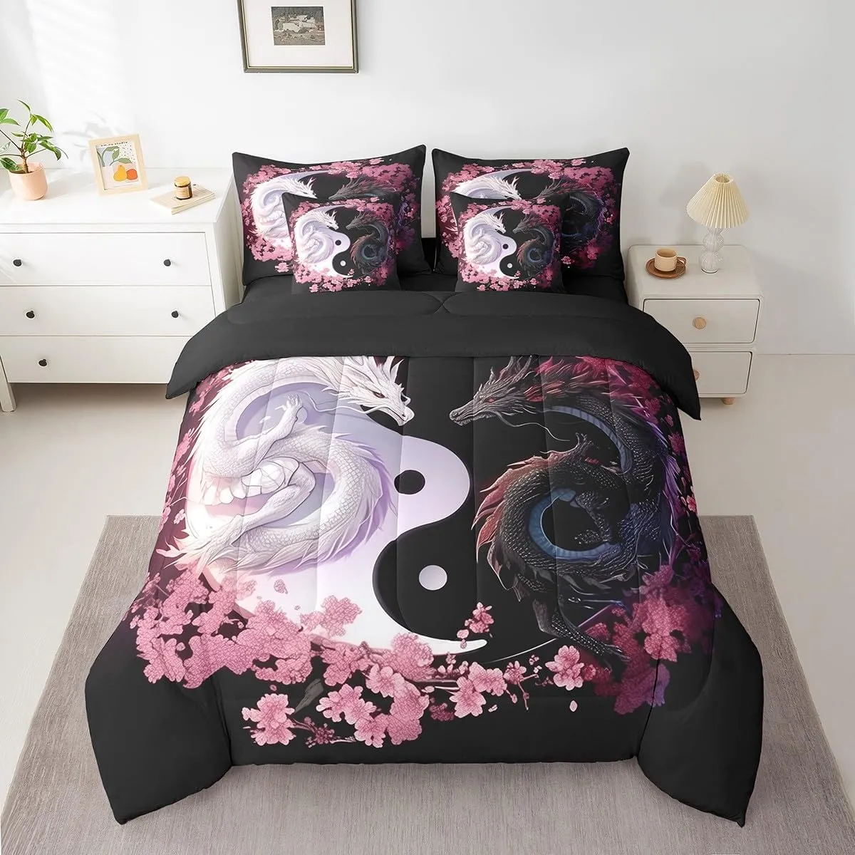 Feelyou Dragon Bedding Set Full Size Yin Yang Comforter Set 7 Pieces Cherry Blossoms 3D Dragon Ancient Wildlife Couple Lover Bed in a Bag for Romantic Bed Set with Comforter, Sheet Set, Pillowcases
